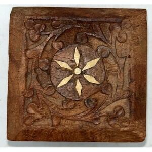 Vintage Hand Carved Wood Trinket Box, Hinged Lid, Ornate, Inlays 3" BY 3"